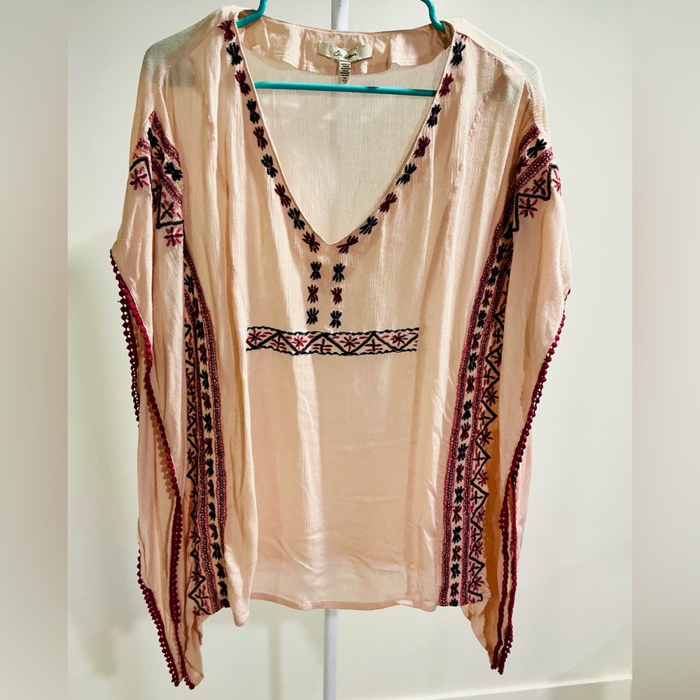 Embroidered V-Neck Blouse in Cream and Black
